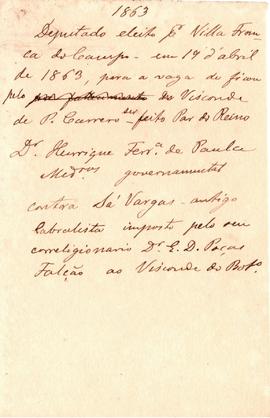 1863 Deputado eleito por Vila Franca do Campo