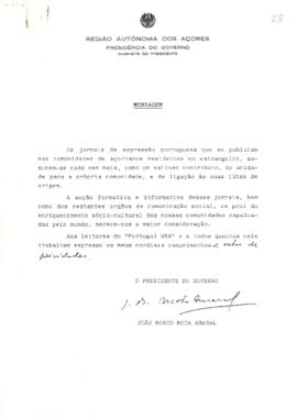 Mensagem de felicitação endereçada ao Jornal "Portugal USA" da parte do Presidente do G...