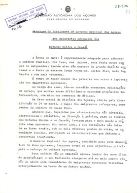 Mensagem do Presidente do Governo Regional dos Açores aos emigrantes açorianos dos Estados Unidos...
