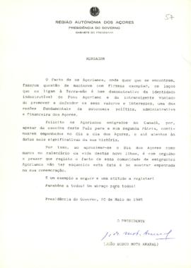 Mensagem do Presidente do Governo Regional dos Açores aos Açorianos emigrados no Canadá