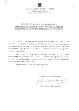 Mensagem de Natal de sua Excelência o Presidente do Governo Regional dos Açores, para as Comunida...