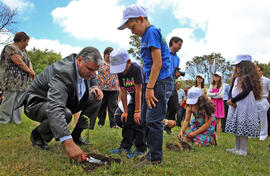 O Presidente do Governo Regional, em conjunto com as crianças plantam árvores na margem da Lagoa ...