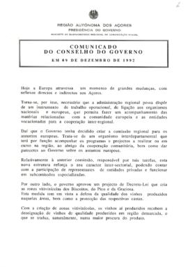 Comunicado do Conselho do Governo de 9 de dezembro de 1992